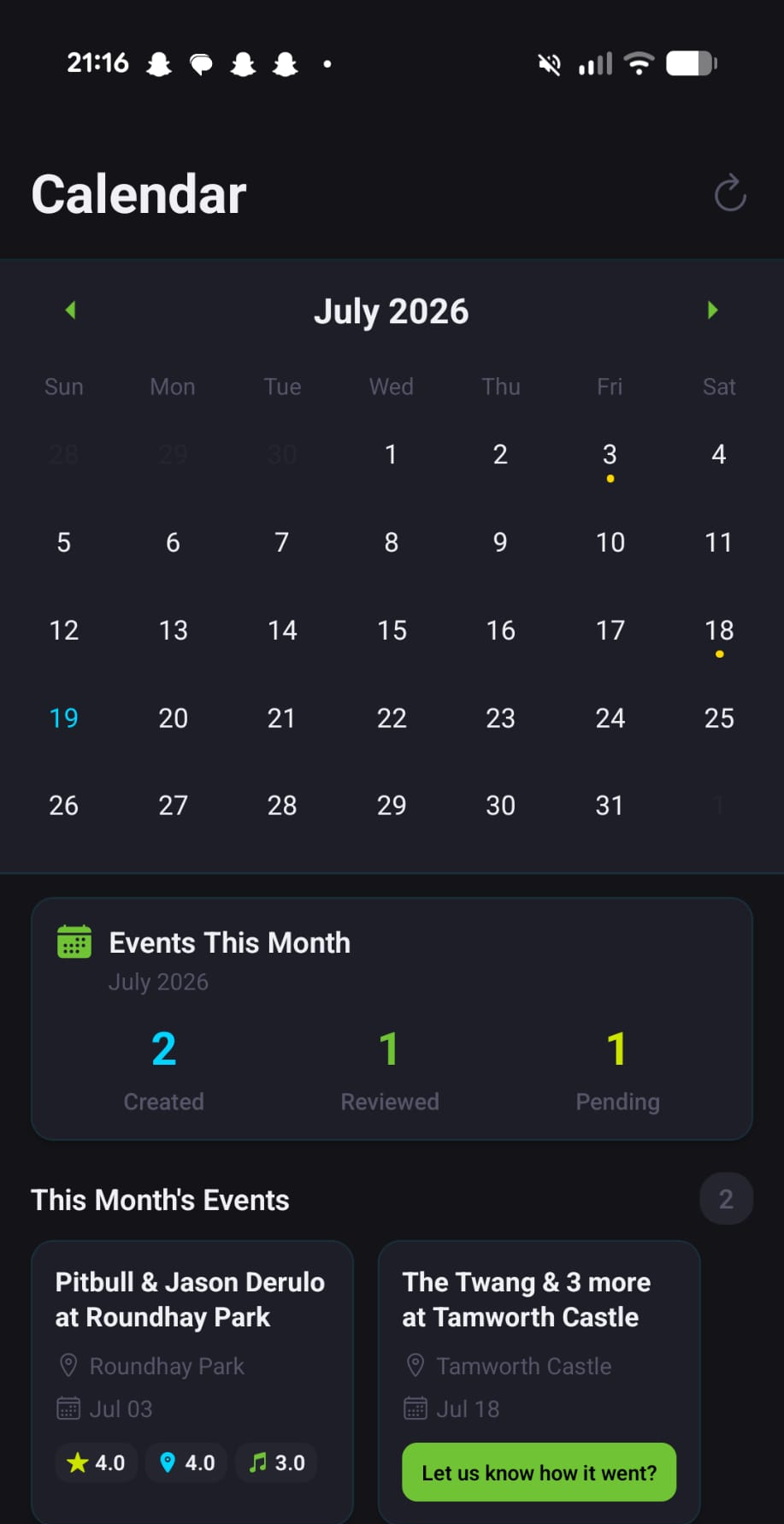 Calendar screen showing events logged this month