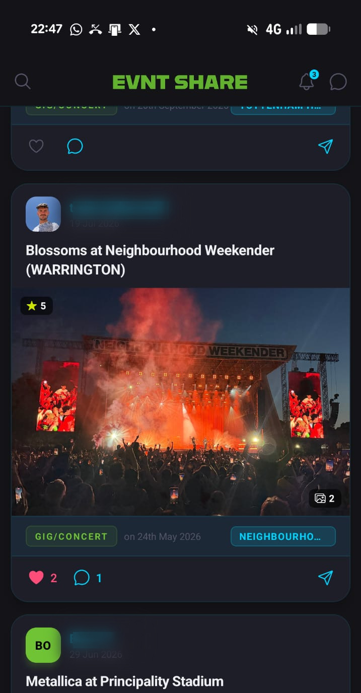EvntShare feed showing friends' gig posts