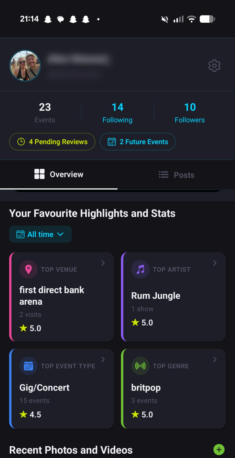 Profile screen showing top venue, artist, event type and genre